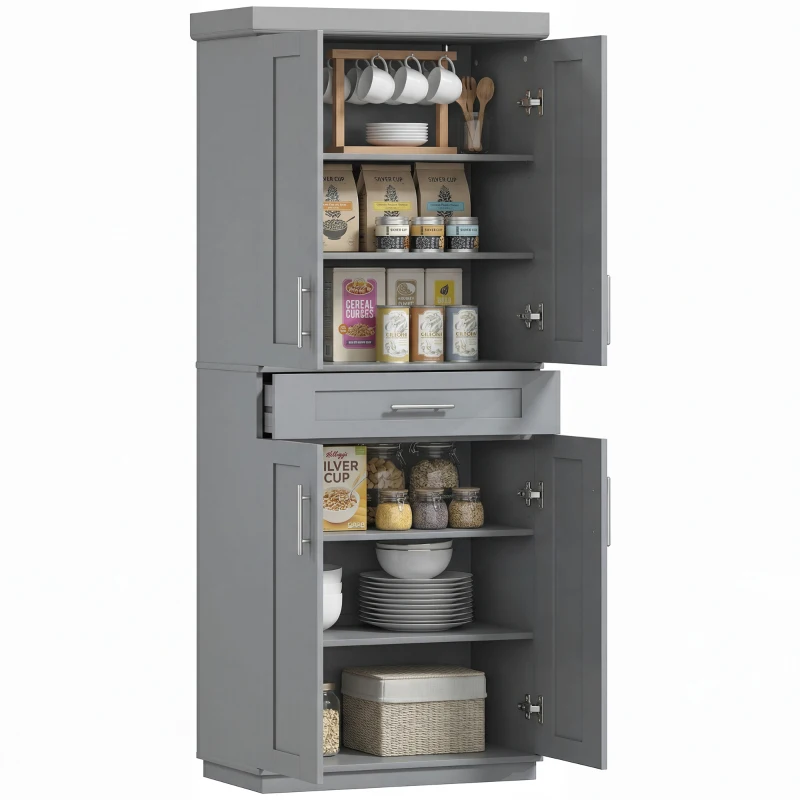 HOMCOM 72" Storage Cabinet, Freestanding Kitchen Pantry Cabinet with 4 Doors, Drawer and 3 Adjustable Shelves, Grey