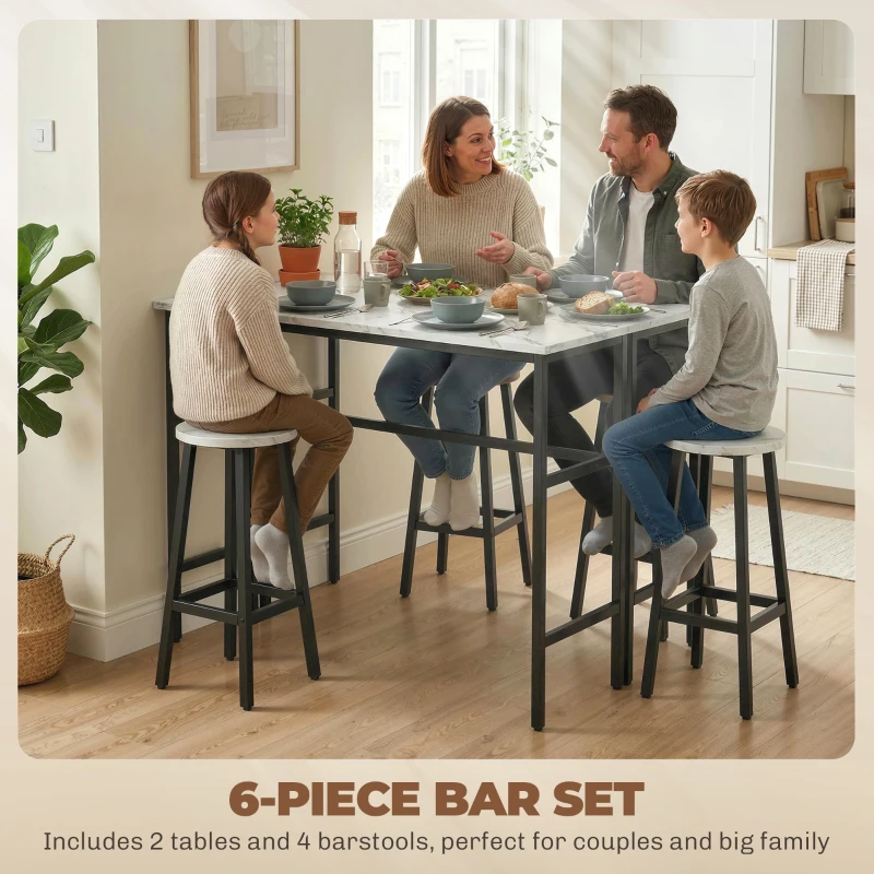 HOMCOM Bar Table Set of 6, Bar Table and Stools for 4, 2 Breakfast Tables and 4 Stools for Living Room, White Marble
