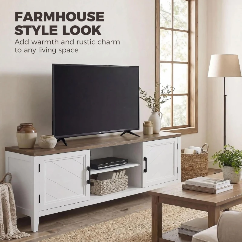 HOMCOM TV Stand for TVs up to 65 Inch, Entertainment Center with 2 Open Shelves, 2 Cabinets, Thick Top, White and Brown