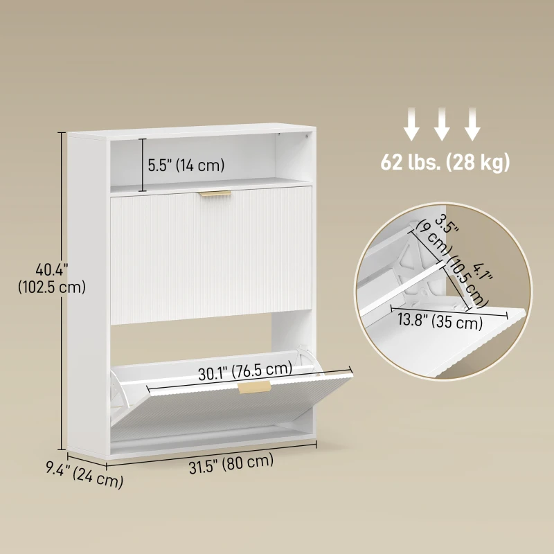HOMCOM Shoe Cabinet with 2 Flip Drawers Narrow Shoe Storage Cabinet with Top Shelf for Entryway Hallway White