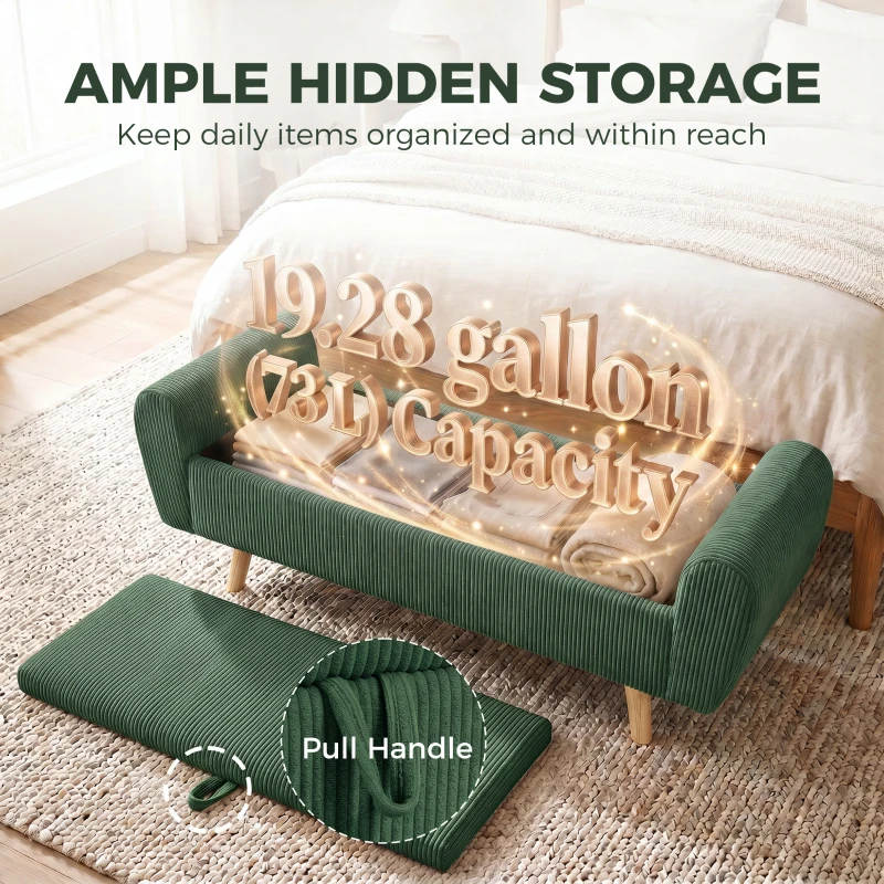 HOMCOM Storage Ottoman, 59" Corduroy End of Bed Storage Bench for King Size Bed with Wooden Legs and Rolled Arms, Dark Green