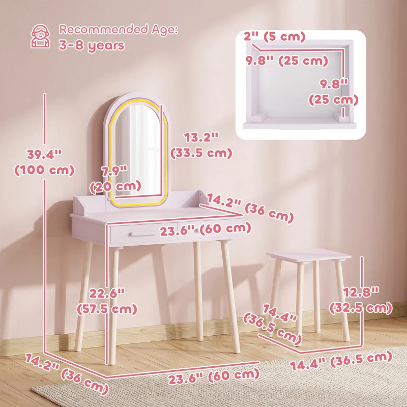 Qaba Kids Dressing Table, Girls Vanity Set with Stool, 3-Colour LED Lights Mirror, Large Drawer for Ages 3-8, Pink