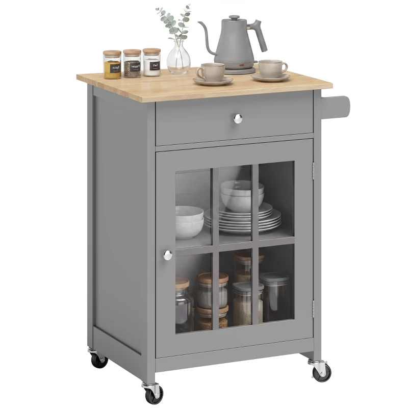 HOMCOM Rolling Kitchen Cart with Drawer and Glass Door Cabinet, Kitchen Island on Wheels with Towel Rack, Dark Grey