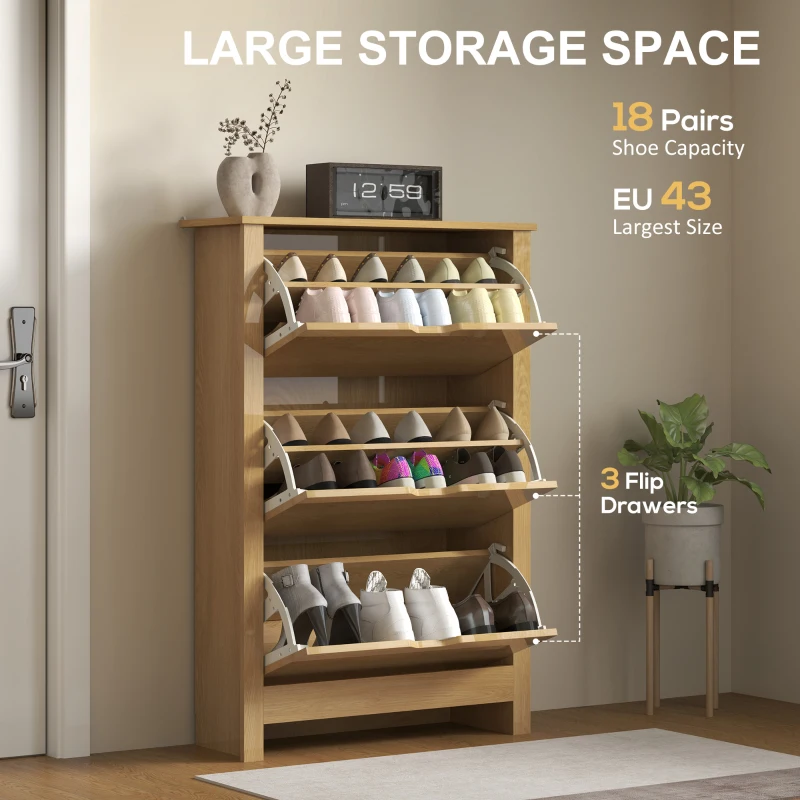 HOMCOM Shoe Storage Cabinet with 3 Flip Drawers and Adjustable Shelves for 12-18 Pairs of Shoes, Natural Wood