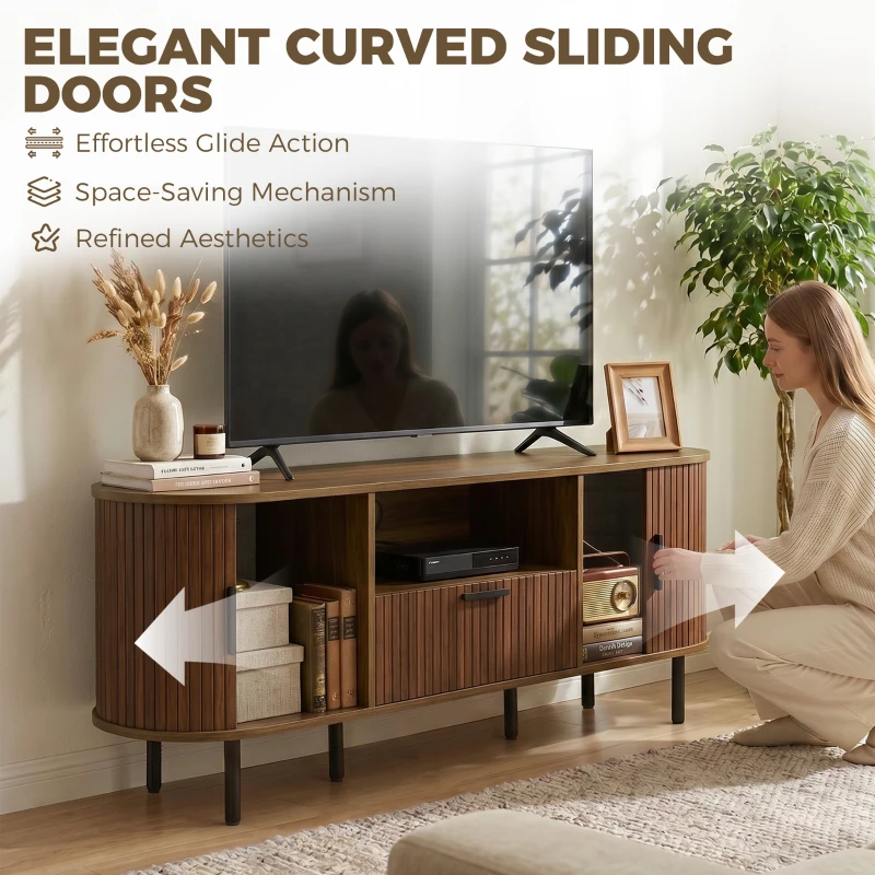 HOMCOM TV Stand for TVs up to 60", Modern Entertainment Center with Curved Sliding Doors and Storage, Brown