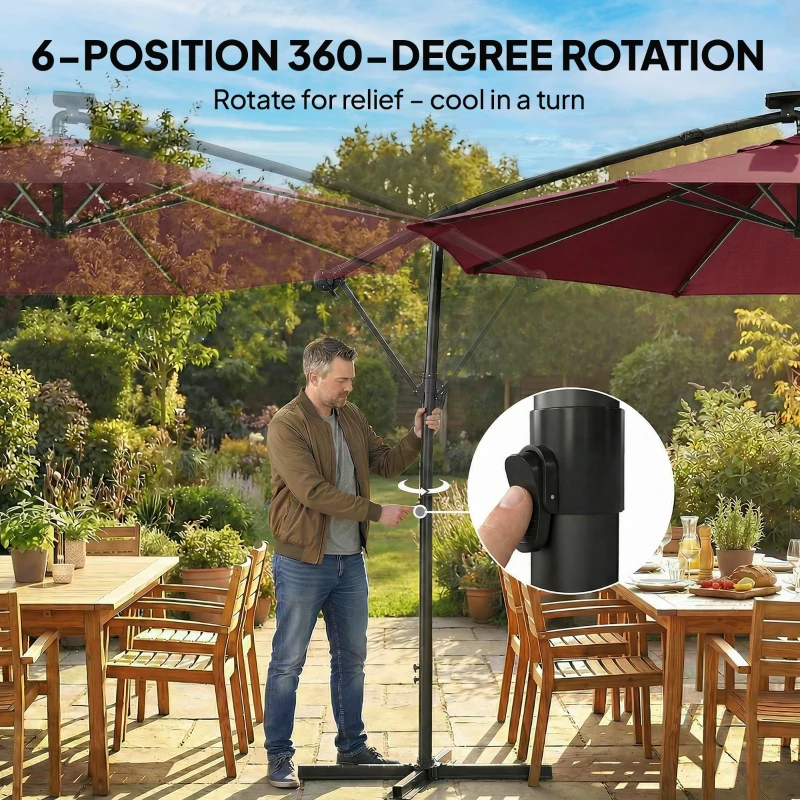 Outsunny 10 ft Offset Patio Umbrella with Solar Light, Garden Hanging Parasol with 360° Rotation, Tilt, Cover, Wine Red