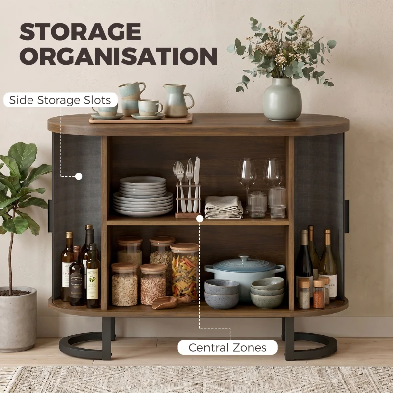 HOMCOM Sideboard Buffet Cabinet with Curved Tambour Doors, Thick Tabletop and Arc Metal Legs Brown and Black