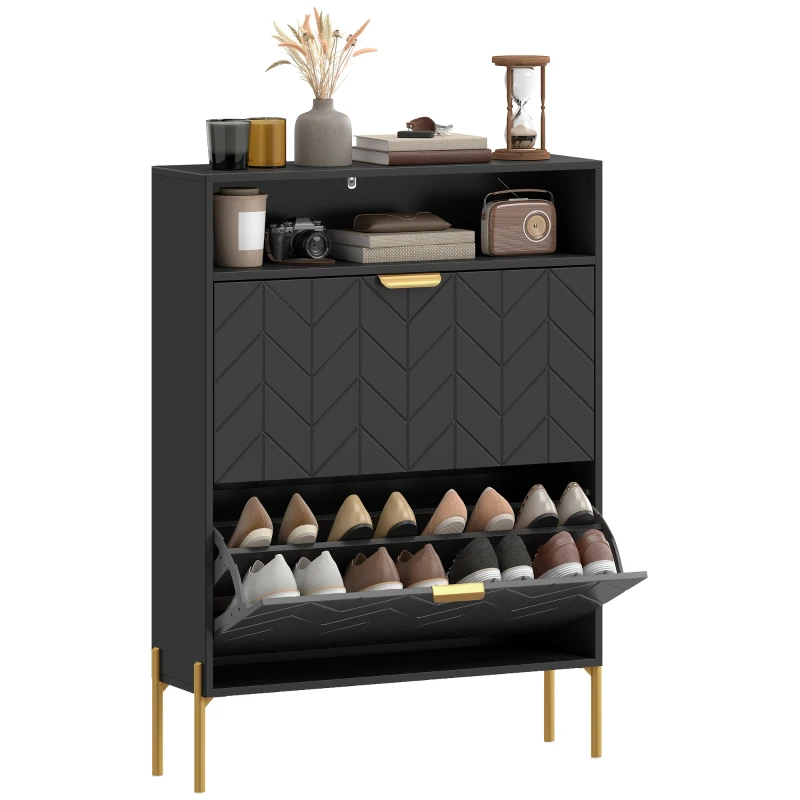 HOMCOM Shoe Cabinet with 2 Flip Drawers, Modern Narrow Shoe Storage Cabinet with Open Compartment, Adjustable Shelves, Black