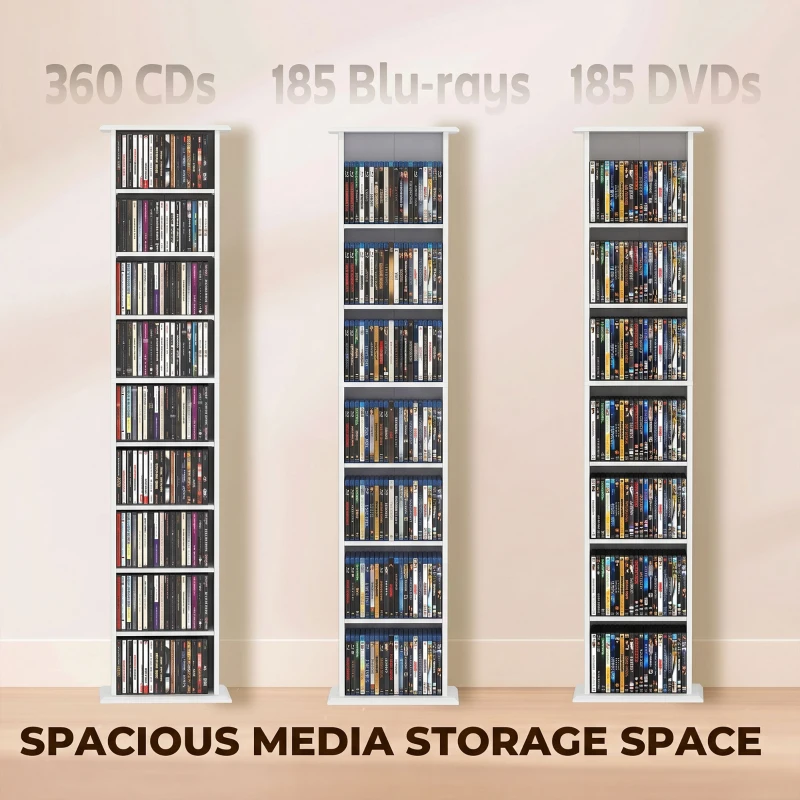 HOMCOM 9-Tier DVD Shelf with 7 Adjustable Shelves, Slim CD Shelf, Holds 252 CDs, 147 DVDs or 189 Blu-rays, White