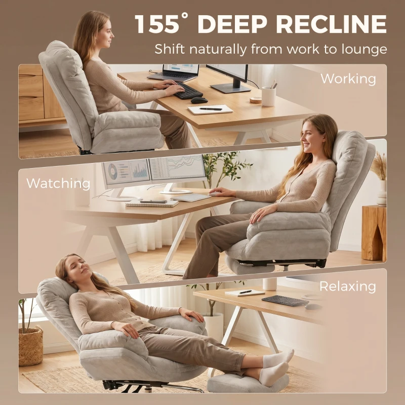HOMCOM Criss Cross Chair with Wheels, Waterfall Armrests, Overstuffed Wide Office Chair with Footrest, Light Grey