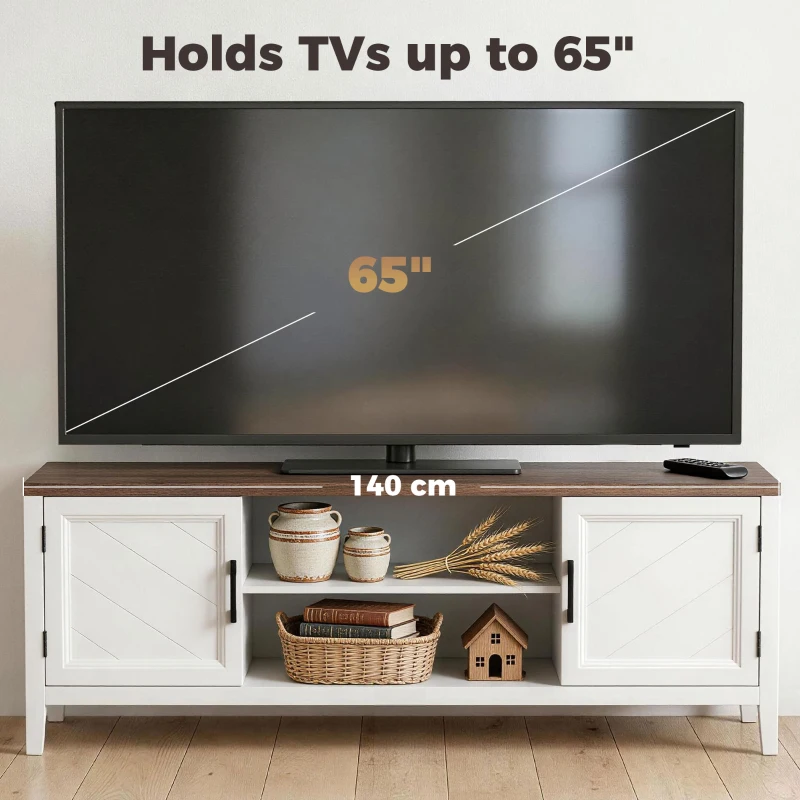 HOMCOM TV Stand for TVs up to 65 Inch, Entertainment Center with 2 Open Shelves, 2 Cabinets, Thick Top, White and Brown