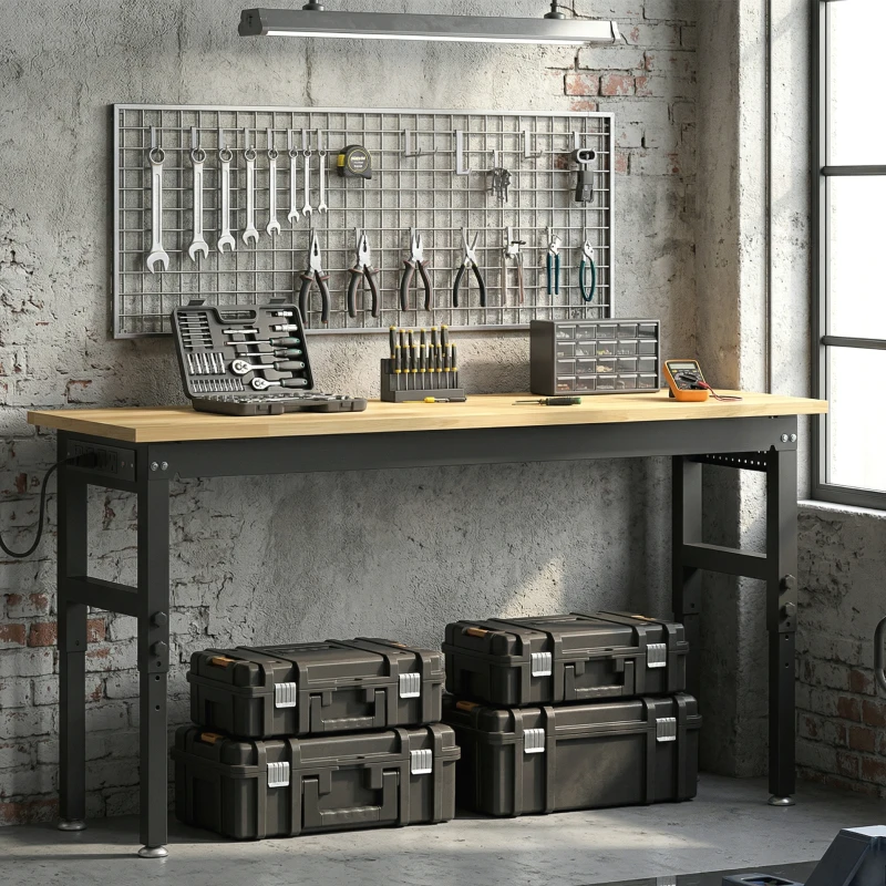 HOMCOM 60" Adjustable Workbench, Heavy Duty Work Table with Rubber Wood Top, Power Outlets, Pegboard, 2000 LBS Capacity