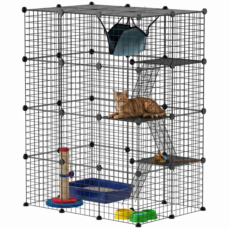 PawHut 4-Tier DIY Large Cat Cage with Hammock, Platforms, Ramps, Accessories for 1-3 Cats, Indoor Use, Black