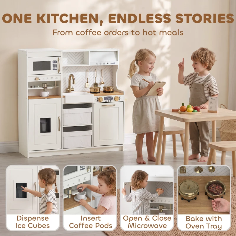 Qaba Play Kitchen, Kids Kitchen Playset with Coffee Machine, Ice Maker, Microwave, Oven, Storage, Gift for Toddlers 3+, White