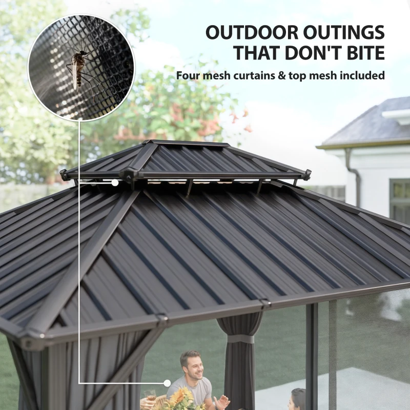 Outsunny 10' x 12' Hardtop Gazebo Canopy with Double Galvanized Steel Roof, Aluminium Frame Permanent Outdoor Gazebo, Dark Grey