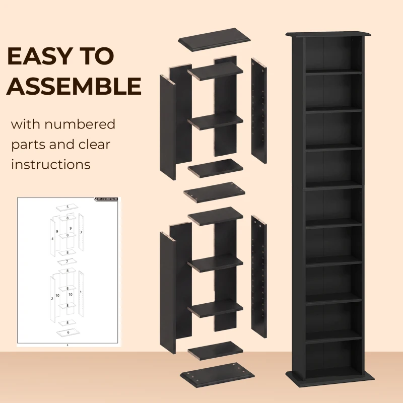 HOMCOM 9-Tier DVD Shelf with 7 Adjustable Shelves, Slim CD Shelf, Holds 252 CDs, 147 DVDs or 189 Blu-rays, Black