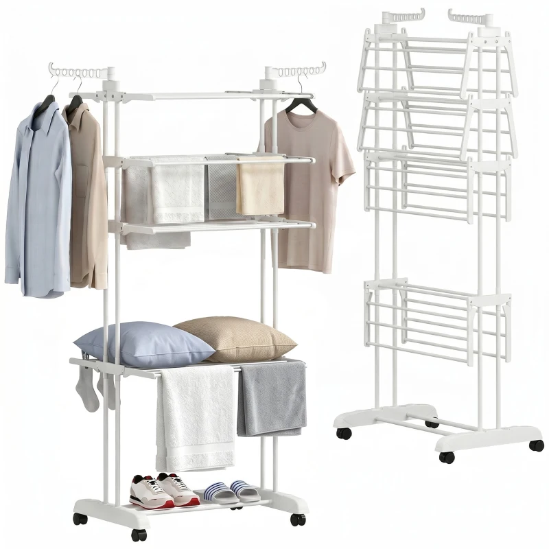 HOMCOM 5-Tier Clothes Drying Rack, Foldable Laundry Drying Rack with Wheels, Side Wings, White