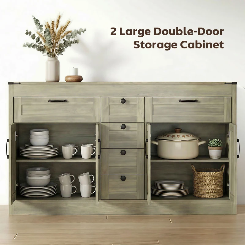 HOMCOM Sideboard Buffet Cabinet, 55" Farmhouse Kitchen Cabinet with 4 Barn Doors, 6 Drawers and 2 Adjustable Shelves, Grey