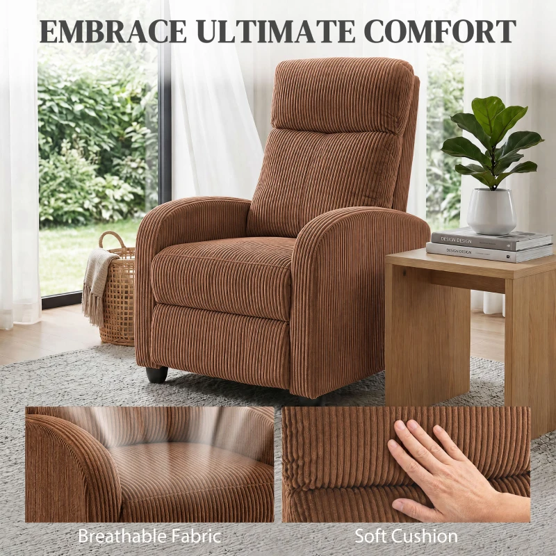 HOMCOM Corduroy Home Theater Seating, Push Back Recliner Chair with Padded Seat for Living Room, Brown
