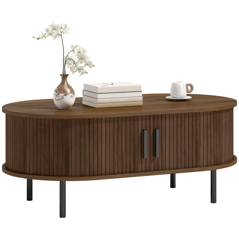 HOMCOM Coffee Table with Sliding Tambour Doors and Storage Center Table with Metal Legs, 39", Brown