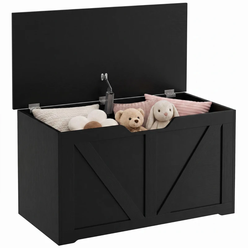 HOMCOM 31.5 Inches Storage Chest, Storage Trunk with Safety Hinge for Living Room, Black Wood Grain