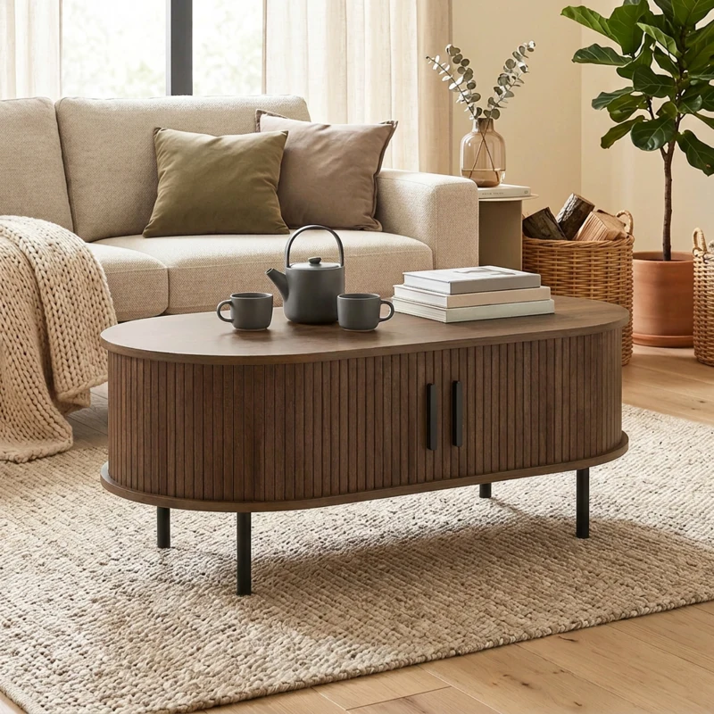 HOMCOM Coffee Table with Sliding Tambour Doors and Storage Center Table with Metal Legs, 39", Brown