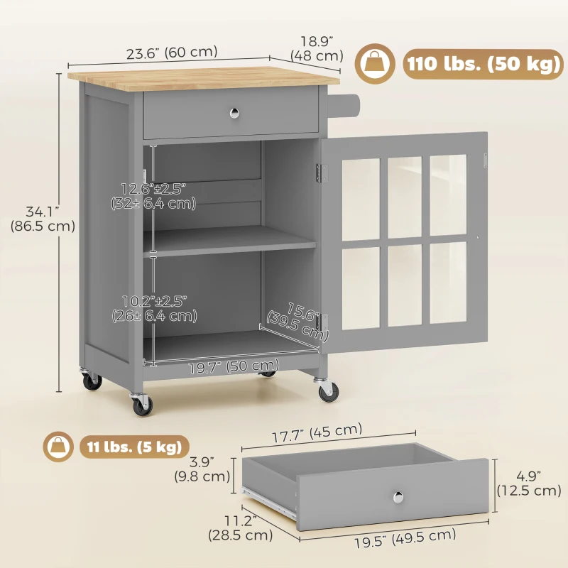 HOMCOM Rolling Kitchen Cart with Drawer and Glass Door Cabinet, Kitchen Island on Wheels with Towel Rack, Dark Grey