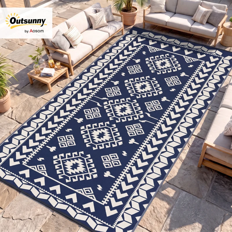 Outsunny Reversible Outdoor Rug, Waterproof Plastic Straw with Carry Bag, 9' x 18', Blue & White Rhombus Patchwork