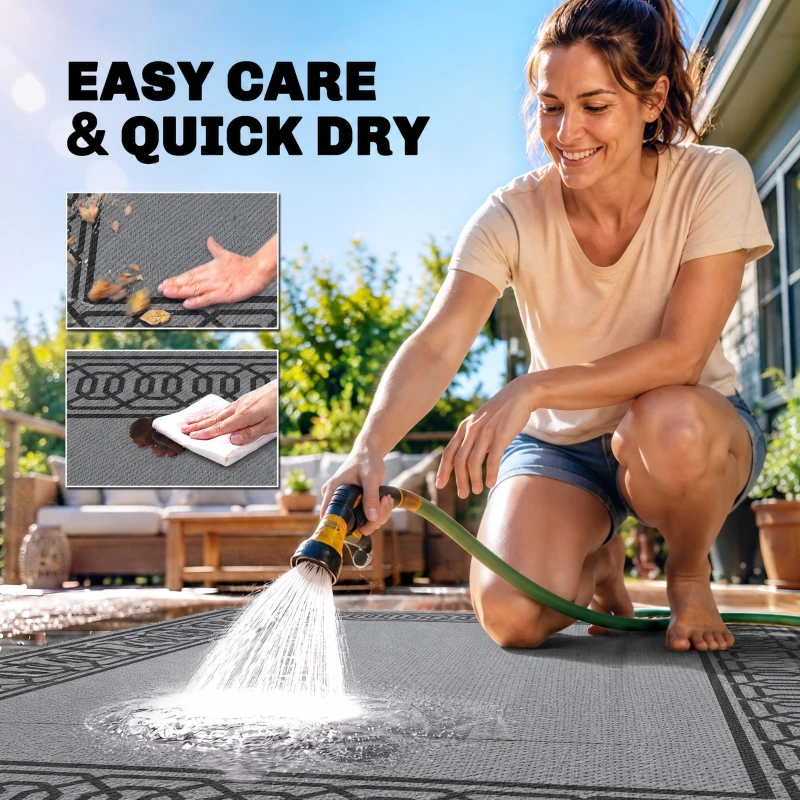 Outsunny Portable Outdoor Rug with Carrying Bag, 9' x 12' Reversible Mat, Waterproof Plastic Straw RV Rug for Backyard, Deck, Picnic, Beach, Camping, Black and Grey