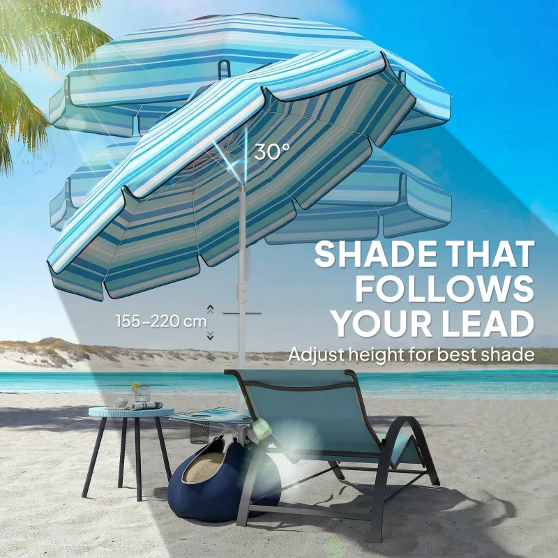 Outsunny 6 ft Portable Beach Umbrella with Foldable Table, Tilting Outdoor Sun Shade with Sand Anchor, Sandbag, Dark Blue