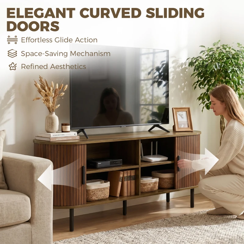 HOMCOM TV Stand for TVs up to 60", Modern Entertainment Center with Curved Sliding Doors, Walnut Brown