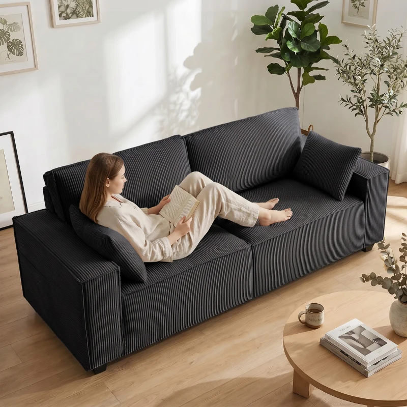 HOMCOM 86" 3 Seater Sofa, Modern Corduroy Upholstered Couch, Dark Grey