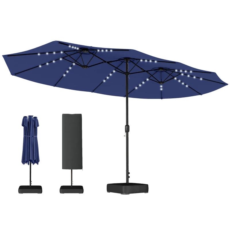Outsunny Double-sided Patio Umbrella with Base Included & 48 LED Lights 15ft Dark Blue