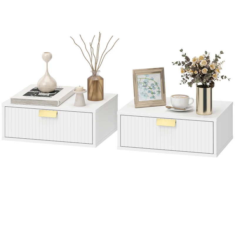 HOMCOM Modern Floating Nightstands Set of 2, Wall Mounted Bedside Tables with Wave Drawer White