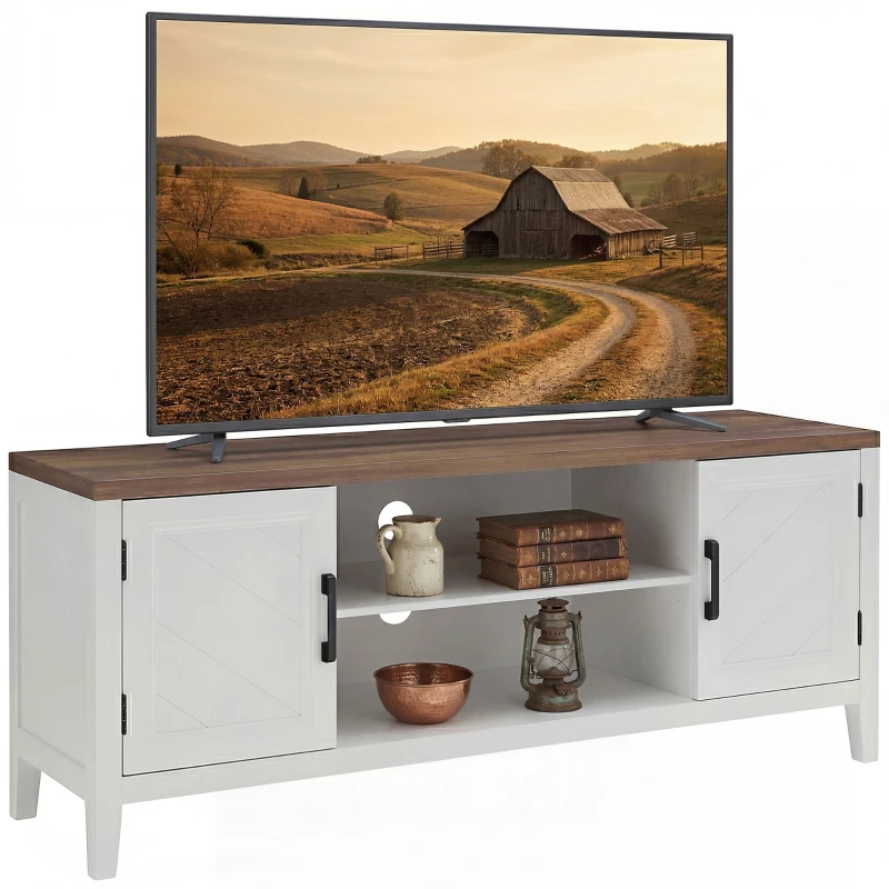 HOMCOM TV Stand for TVs up to 55 Inch, Entertainment Center with 2 Open Shelves, 2 Cabinets, Thick Top, White and Brown