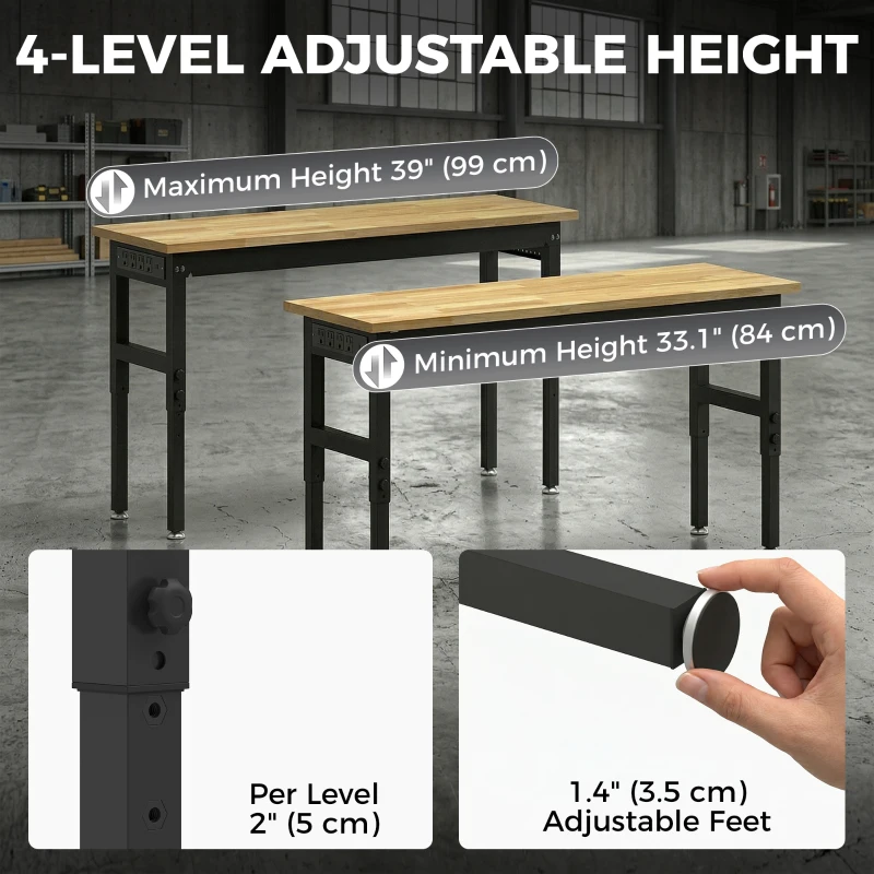 HOMCOM 48" Adjustable Workbench, Heavy Duty Work Table with Rubber Wood Top, Power Outlets, Pegboard, 2000 LBS Capacity
