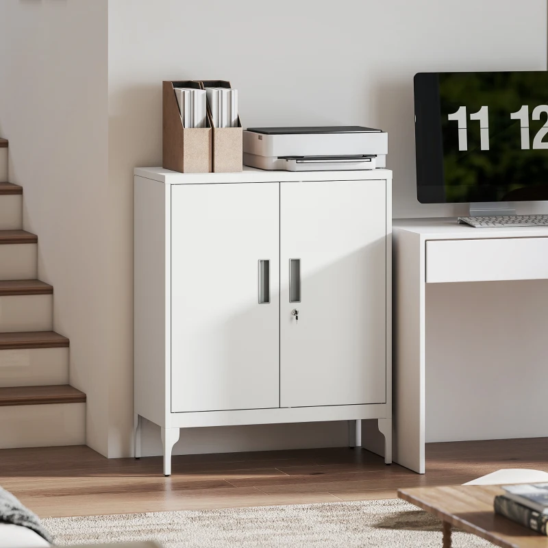 HOMCOM Office Storage Cabinet with Lock, Filing Cabinet with Adjustable Shelves and Doors for Home Office, Garage, White