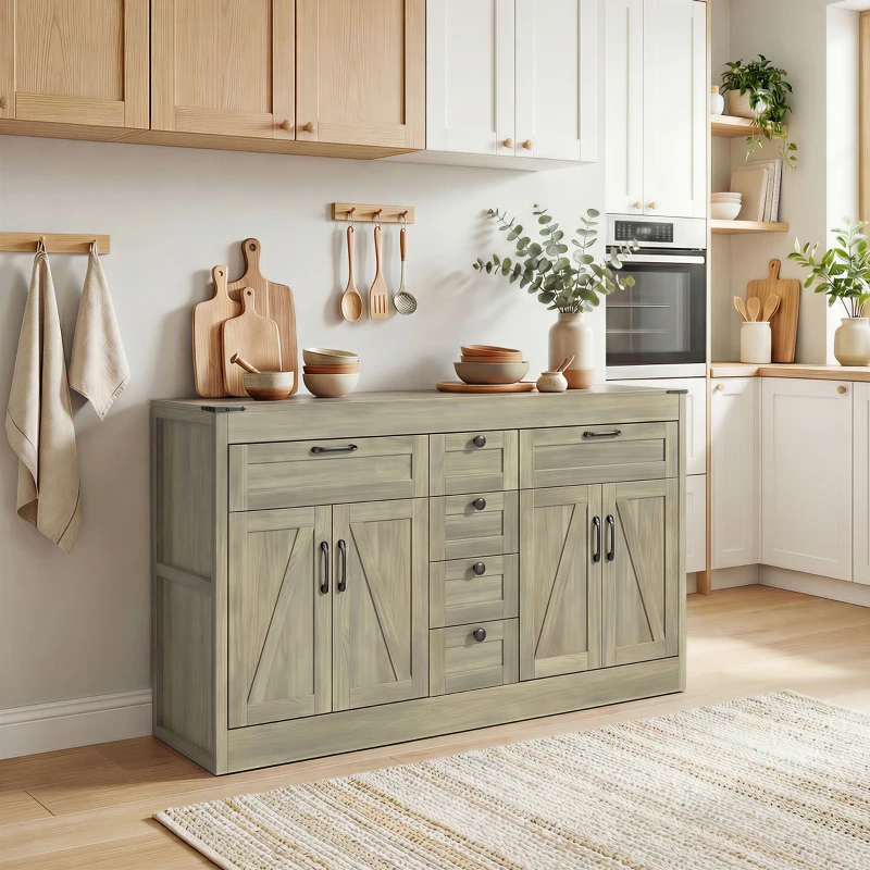 HOMCOM Sideboard Buffet Cabinet, 55" Farmhouse Kitchen Cabinet with 4 Barn Doors, 6 Drawers and 2 Adjustable Shelves, Grey
