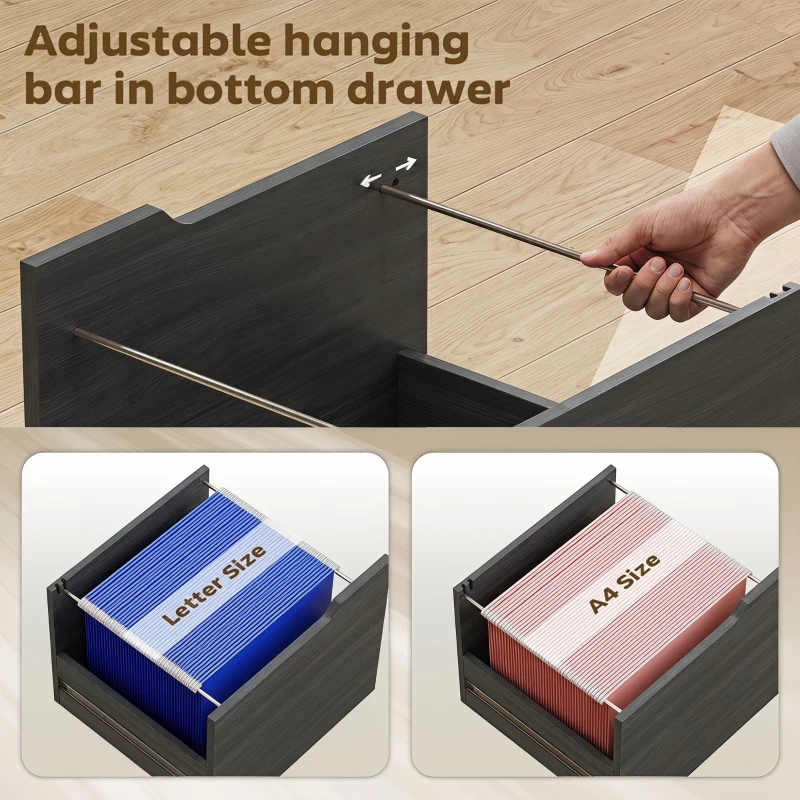 HOMCOM Filing Cabinet with Power Outlets File Cabinet Lockable Casters File Drawer Side Cubbies Black Wood Grain