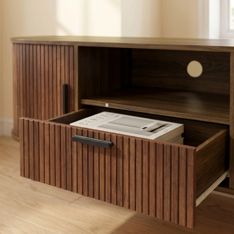 HOMCOM TV Stand for TVs up to 60", Modern Entertainment Center with Curved Sliding Doors and Storage, Brown