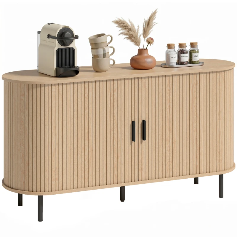 HOMCOM Fluted Sideboard Buffet Cabinet, 55" Mid Century Coffee Bar Cabinet with Sliding Doors and Adjustable Shelves, Natural