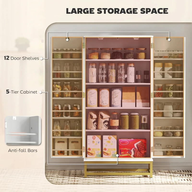 HOMCOM 47" Kitchen Pantry Cabinet, Freestanding Kitchen Storage Cabinet with 12 Door Shelves and Adjustable Shelves, White