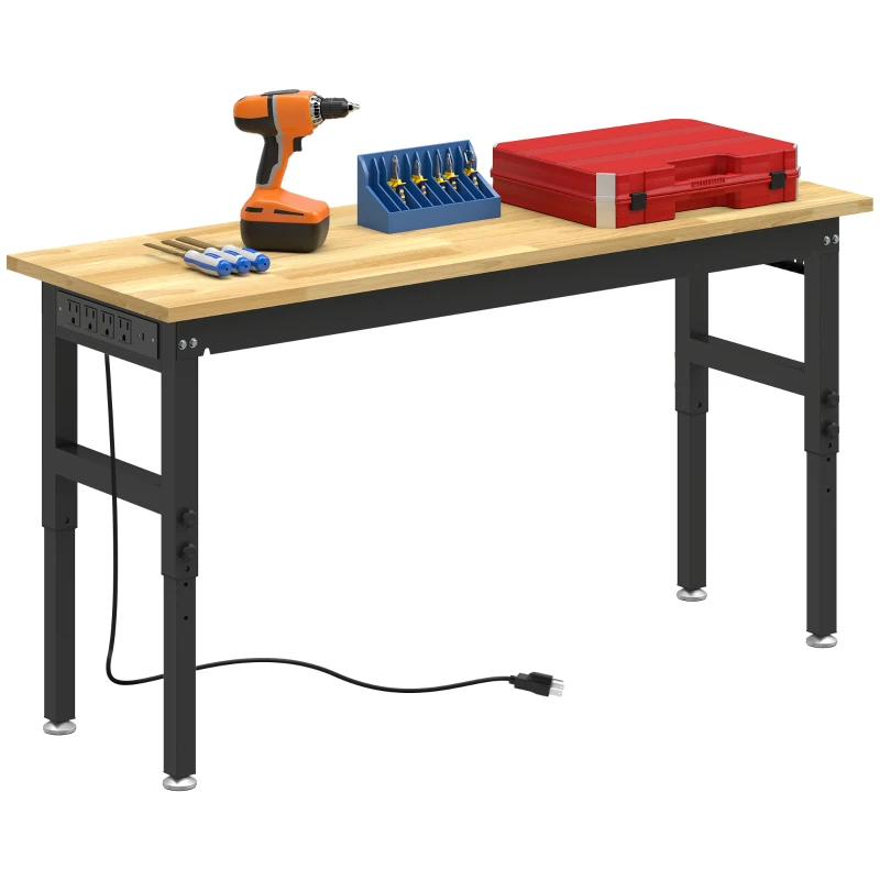 HOMCOM 60" Adjustable Workbench, Heavy Duty Work Table with Rubber Wood Top, Power Outlets, Pegboard, 2000 LBS Capacity
