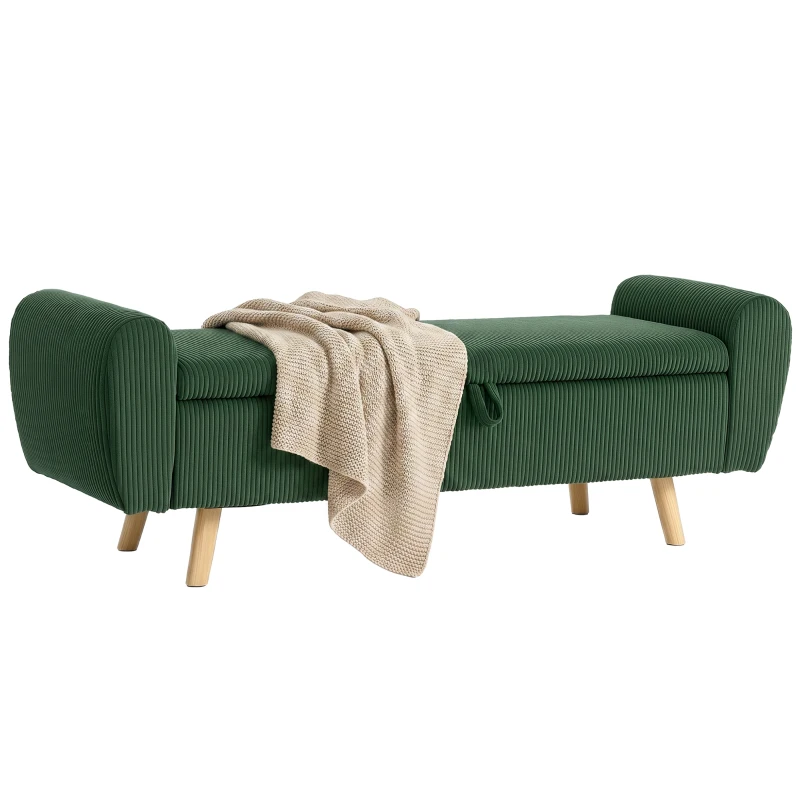 HOMCOM Storage Ottoman, 59" Corduroy End of Bed Storage Bench for King Size Bed with Wooden Legs and Rolled Arms, Dark Green