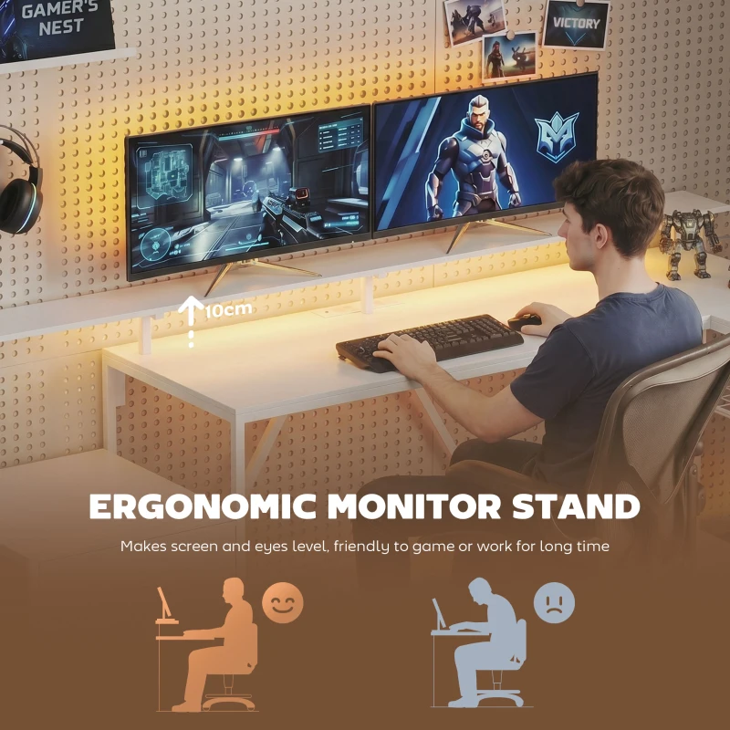 HOMCOM 76" Gaming Desk, Reversible Computer Table with RGB Lights, USB Ports, Monitor Stand and 2 Fabric Drawers, White