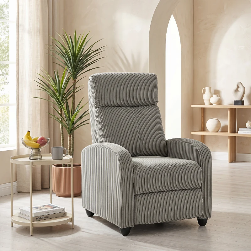 HOMCOM Corduroy Home Theater Seating, Push Back Recliner Chair with Padded Seat for Living Room, Grey