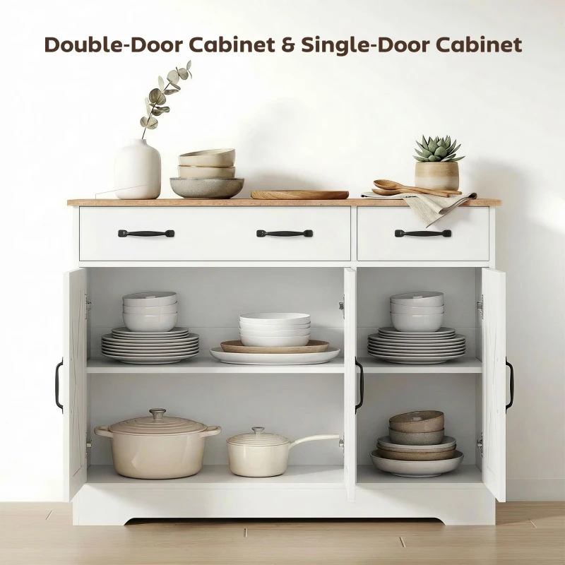 HOMCOM Sideboard Buffet Cabinet, 43" Farmhouse Kitchen Cabinet with 3 Barn Doors, 2 Drawers, 2 Adjustable Shelves, White