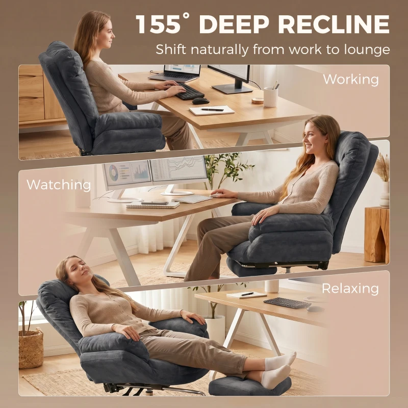 HOMCOM Criss Cross Chair with Wheels, Waterfall Armrests, Overstuffed Wide Office Chair with Footrest, Dark Grey