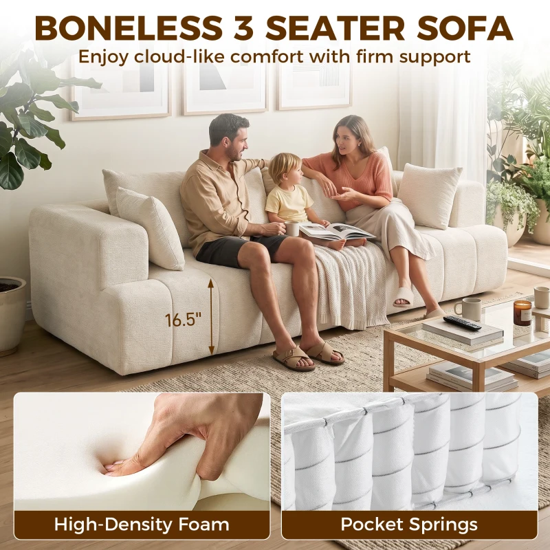 HOMCOM 3 Seater Sofa, Chenille Boneless Cloud Couch with Thick Spring Cushion, Wide and Deep Seat, Wide Armrests, Beige