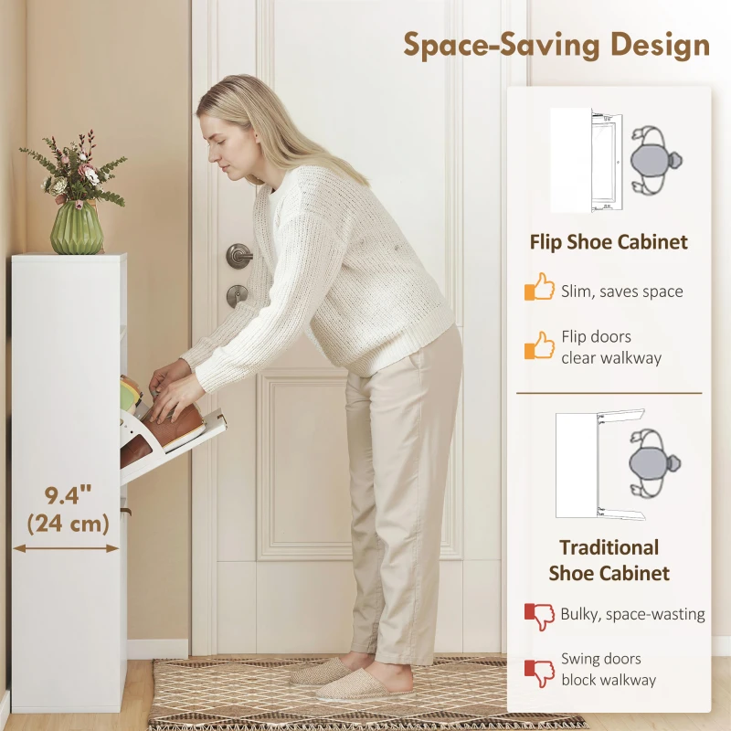 HOMCOM Shoe Cabinet with 2 Flip Drawers Narrow Shoe Storage Cabinet with Top Shelf for Entryway Hallway White